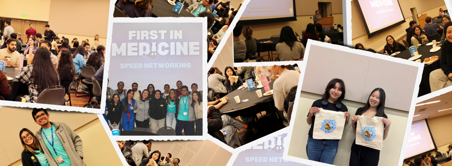 Triton First: First in Meds Events with undergraduate and graduate students attending in front of a background with the event's banner that says First in Meds with a stethoscope