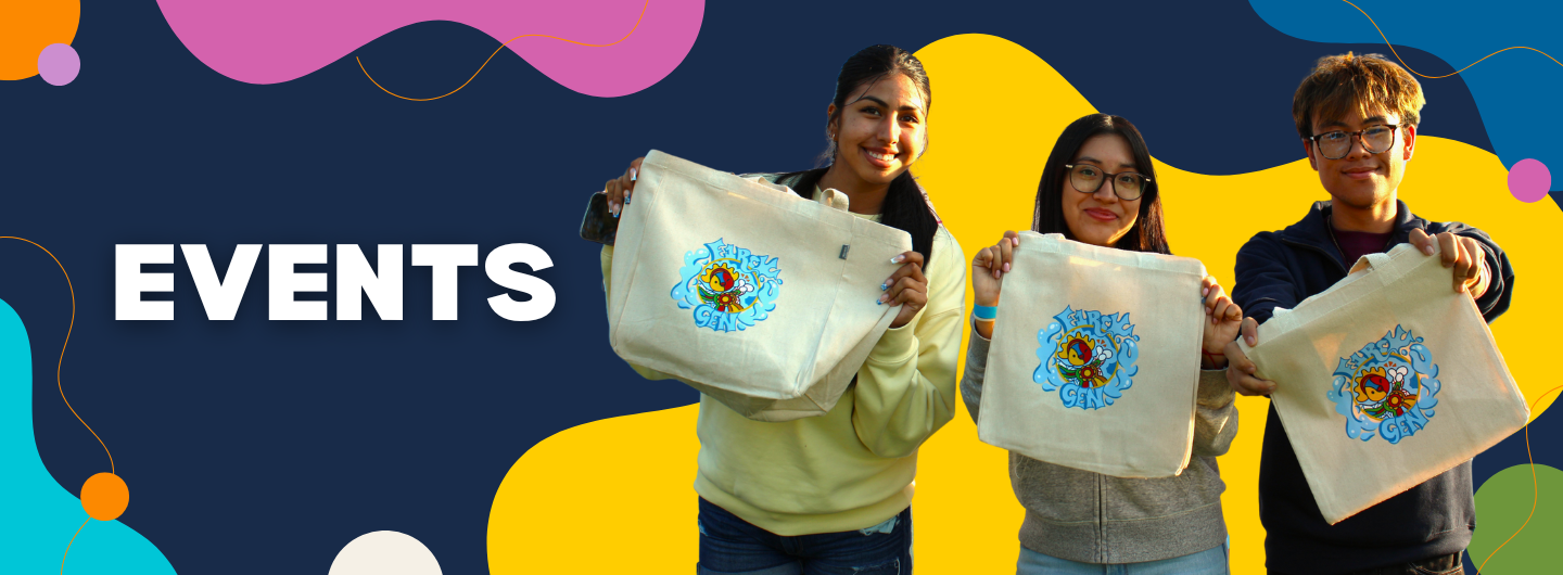 three undergraduate students holding triton first tote bag on a navy blue banner with decorations