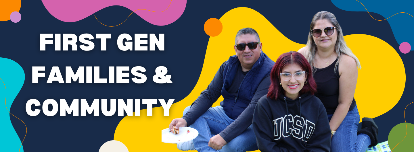 First gen student and family over navy background and color bubbles