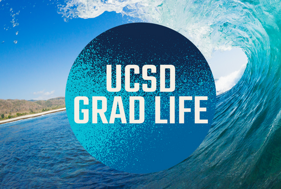 UCSD Grad Life text in a circle on top of picture of strong wave